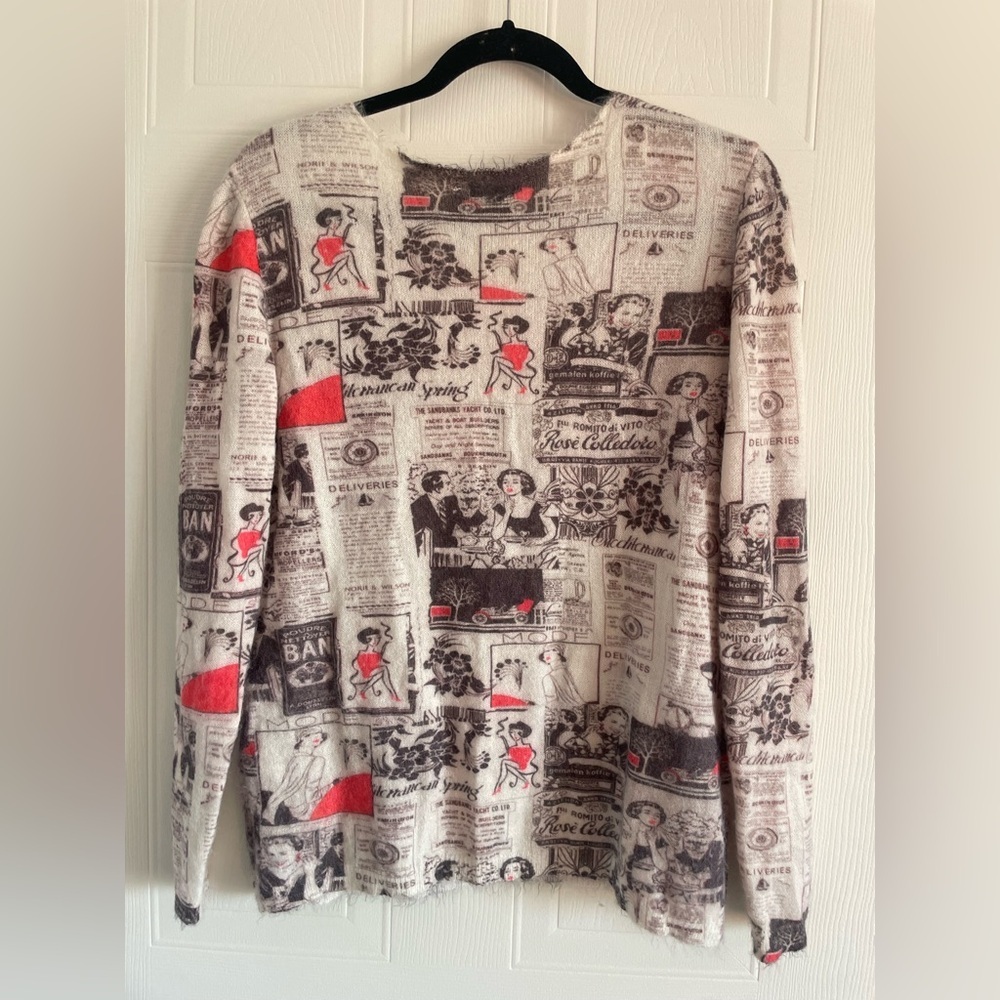 Tricotto M Vintage Newspaper Print Rhinestone V-Neck Sweater Maximalist Art - Picture 7 of 15